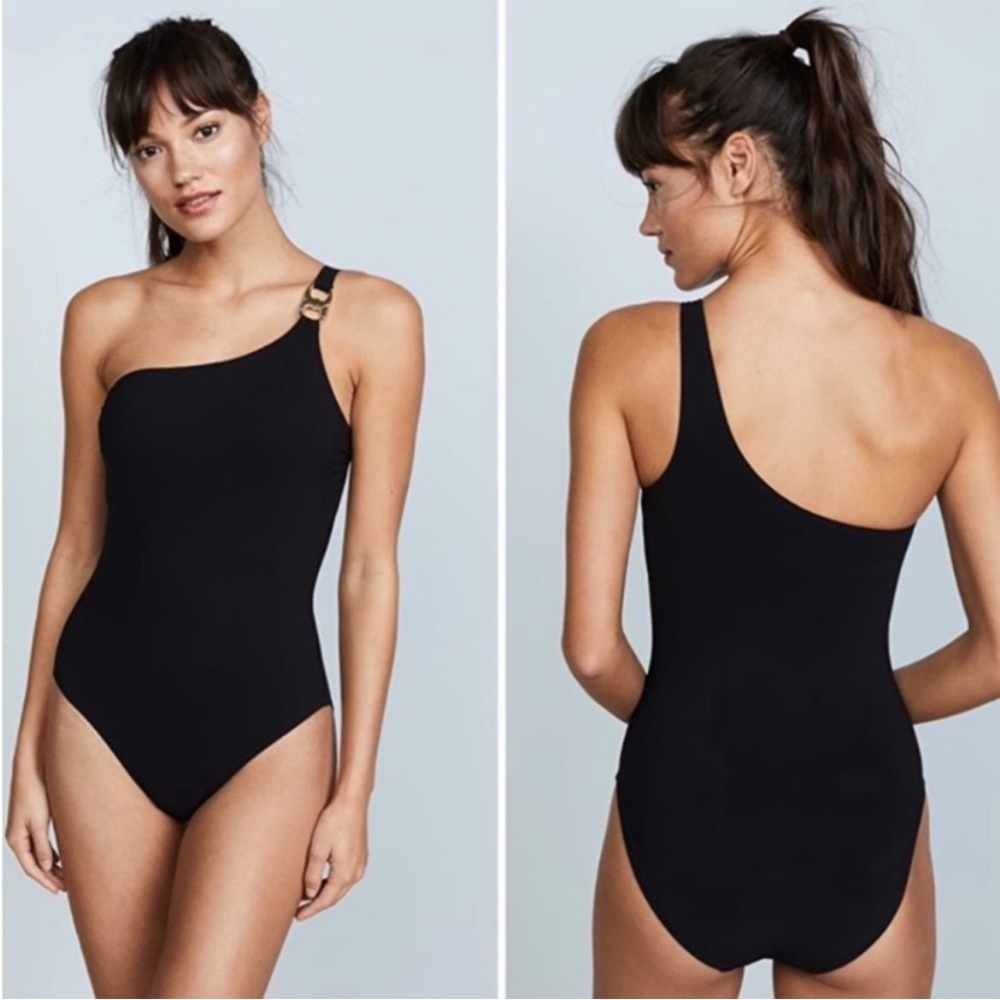 Tory Burch Gemini Link Silver Metal One Shoulder One Piece Swimsuit Black NWT